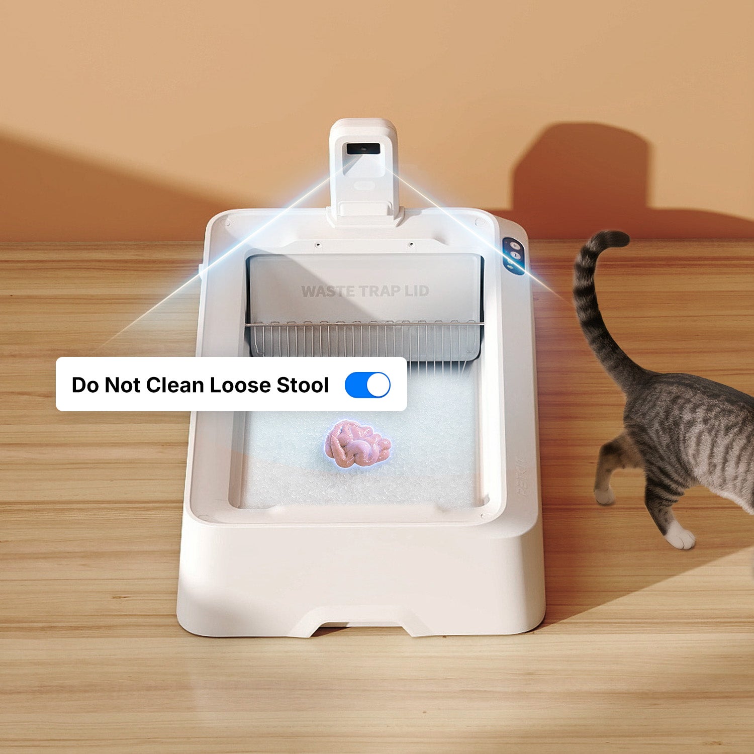 Purobot Crystal Duo detects loose stool and prevents rake movement for mess-free cleaning