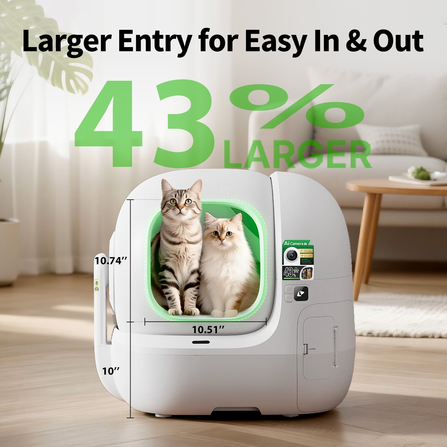 PUROBOT MAX PRO 2 litter box 43% larger entry for easier in and out, width 10.51 in, height 10.74 in