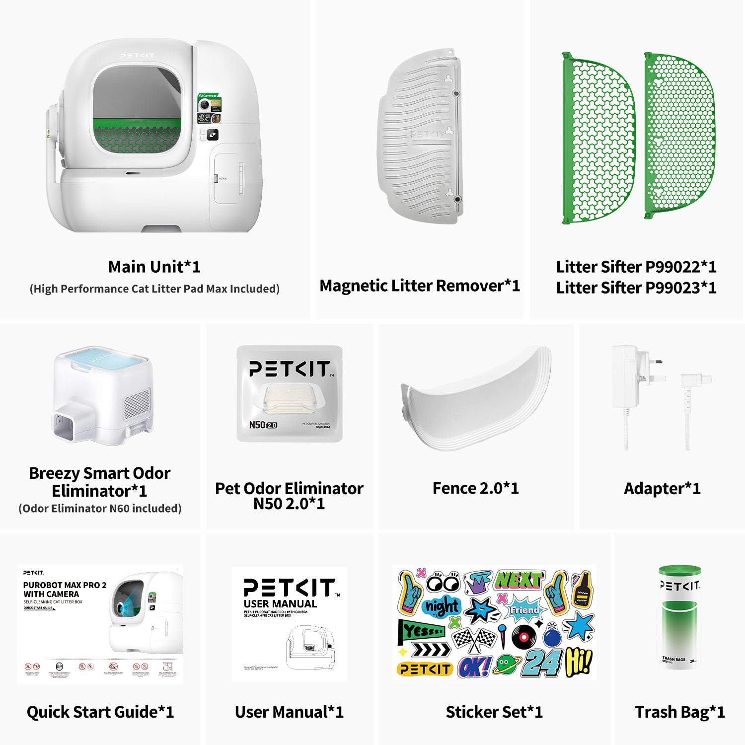 PUROBOT MAX PRO 2 package contents including main unit, quick start guide, manual, and Fence 2.0 accessory
