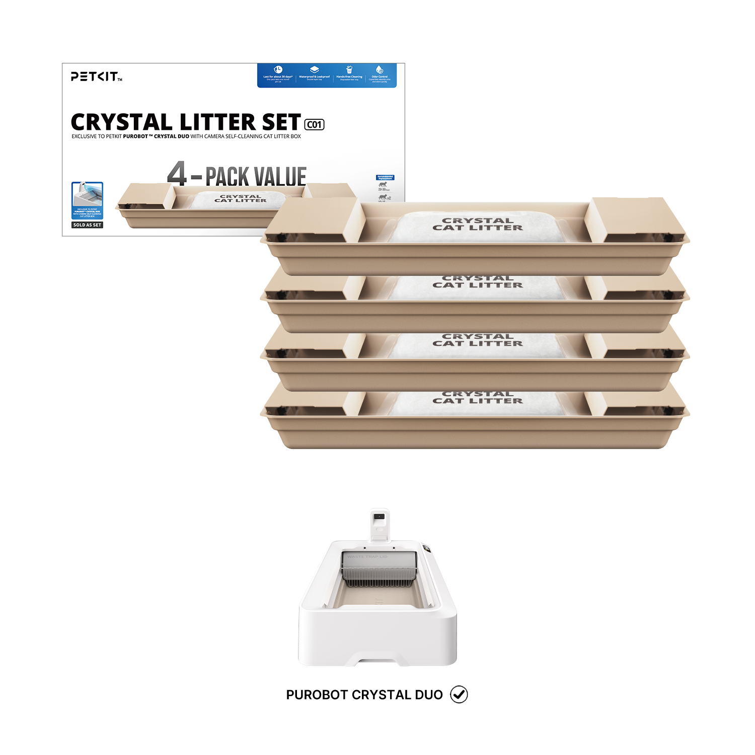 Crystal Litter Set includes 4-pack cat litter and litter tray, which is exclusive to Purobot Crystal Duo automatic cat litter box.