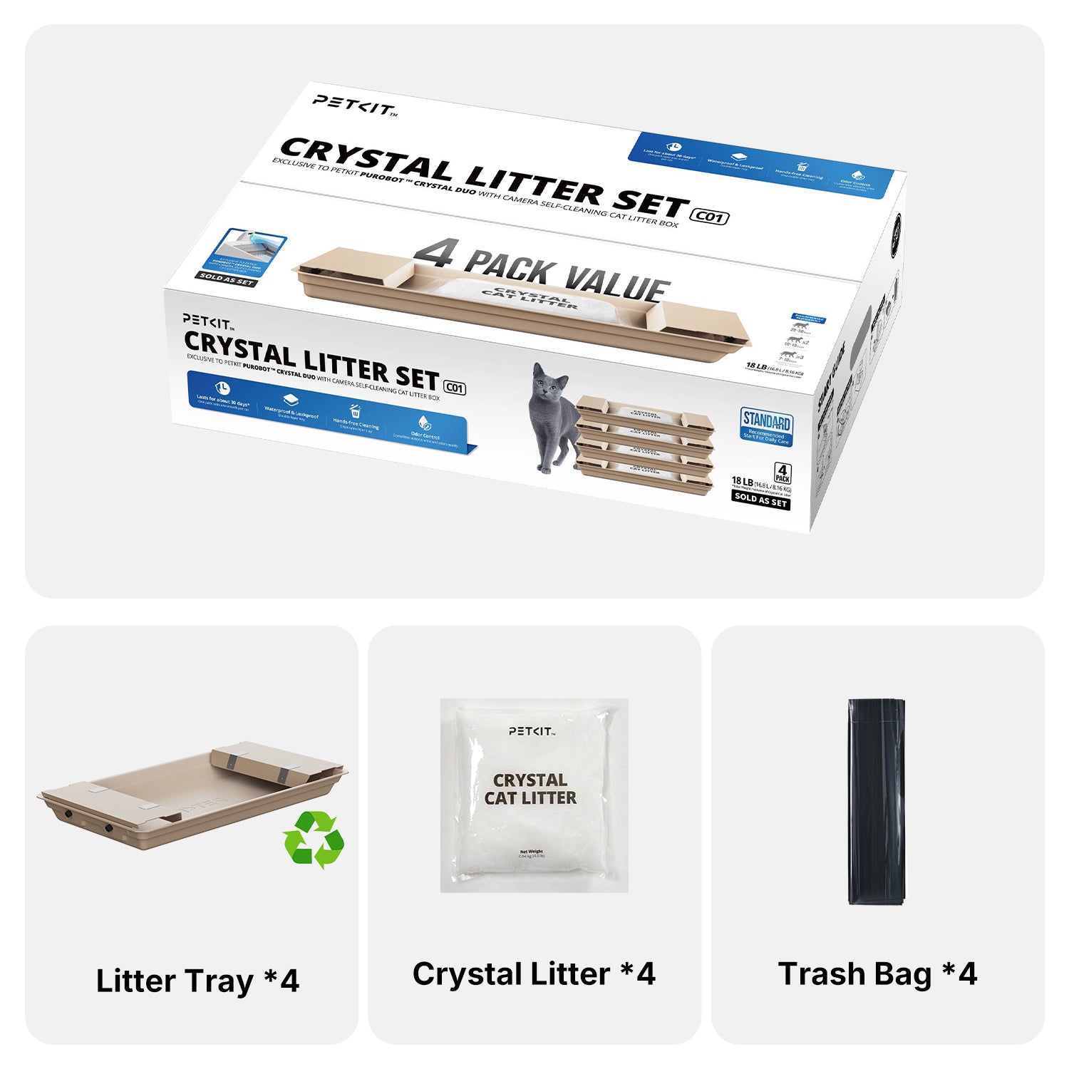 The packaging includes four trays, four bags of crystal litter, and four trash bags.