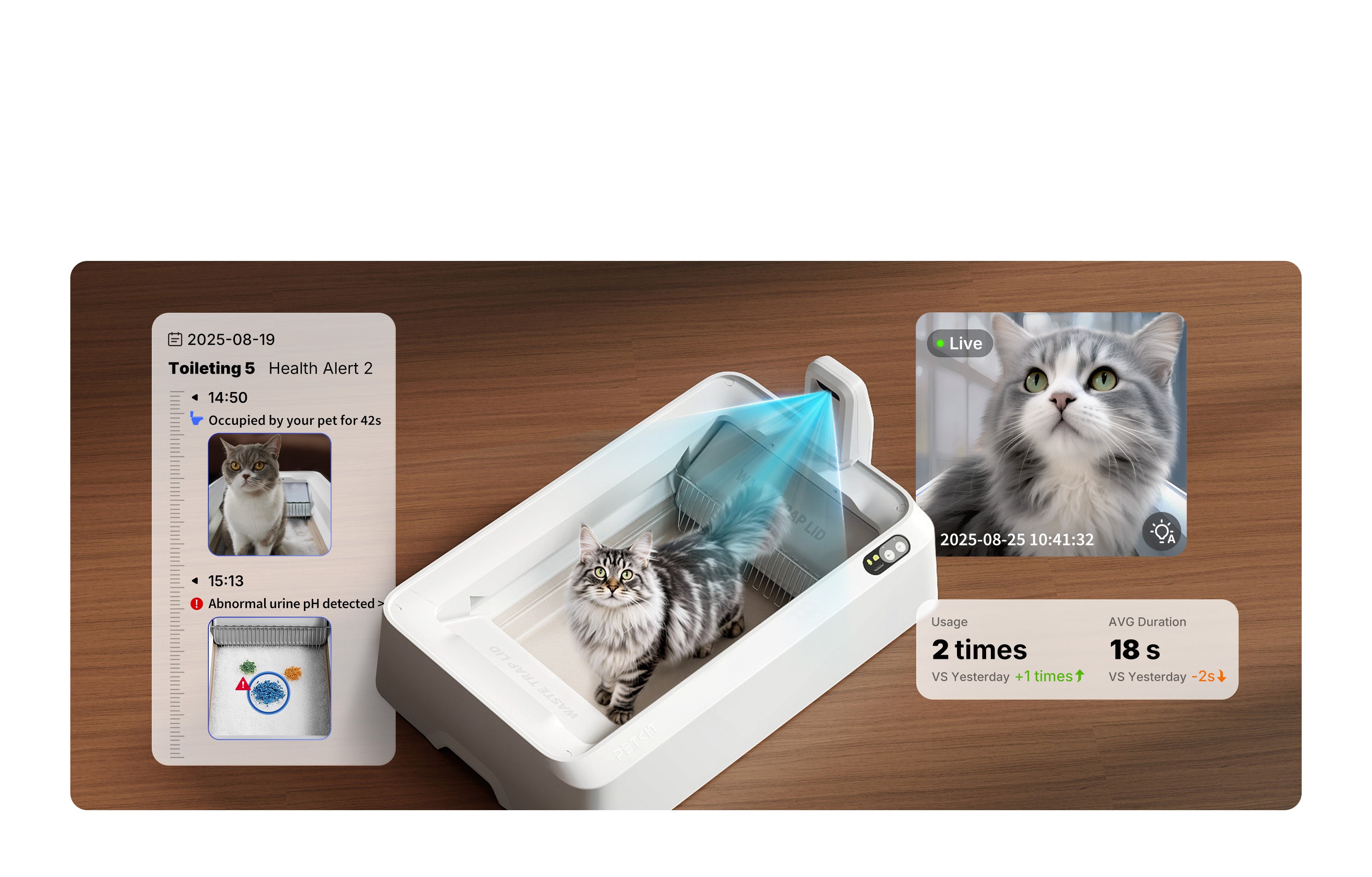 Check your cat’s litter box activities in real time and review historical events