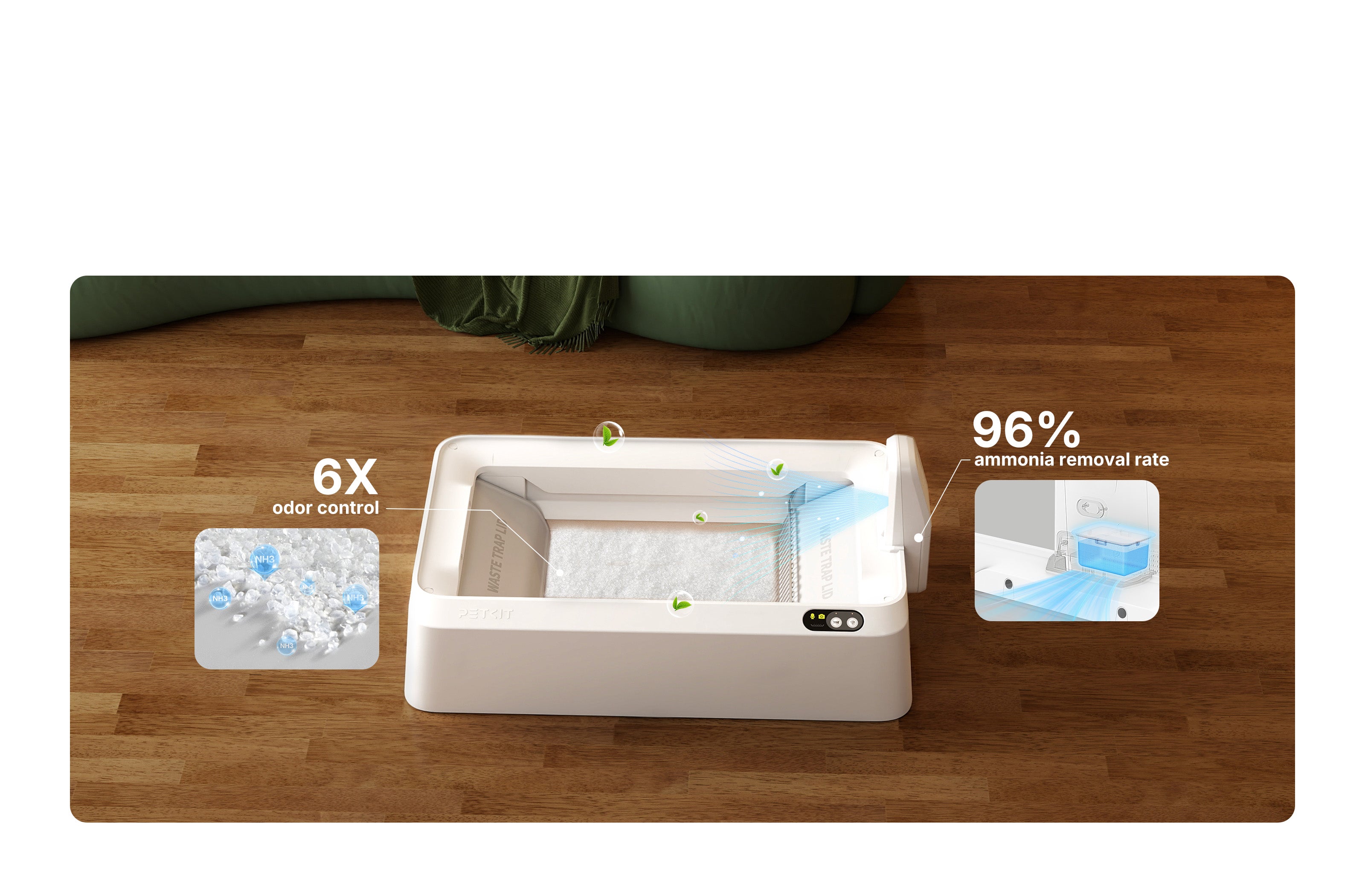 Multiple-layer deodorizing system removes smelly odors and keeps the smart litter box fresh.
