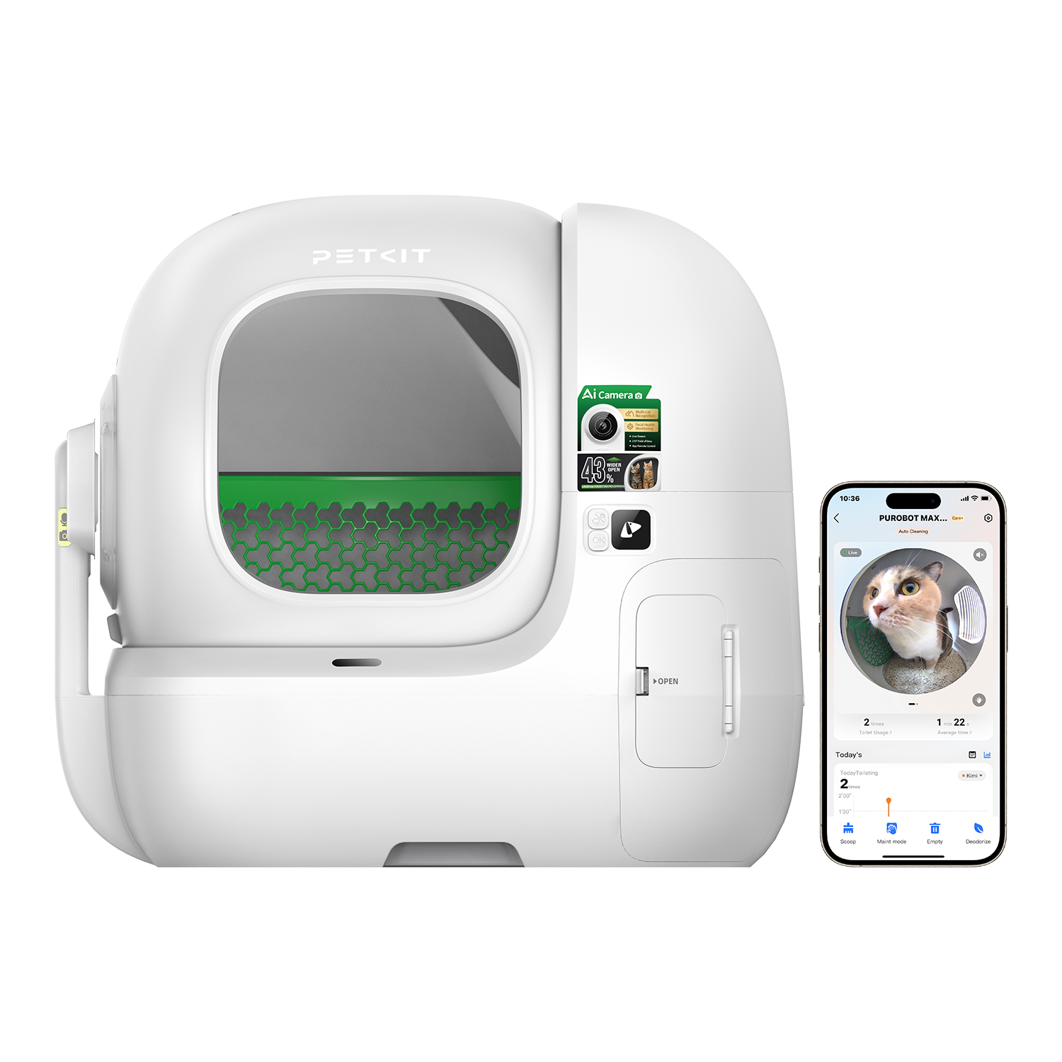 PUROBOT MAX PRO 2 automatic cat litter box with Primegoodss app displayed on smartphone